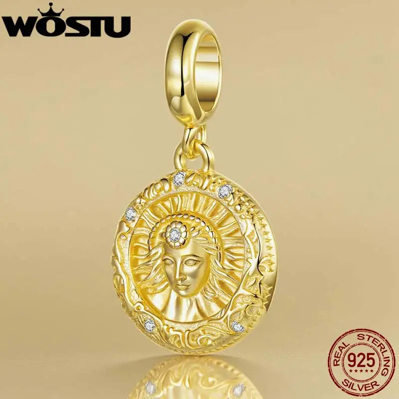 WOSTU 925 Sterling Silver 18k Gold Plated Sun Goddess Pendant Charm For Women DIY Jewelry Making Gift