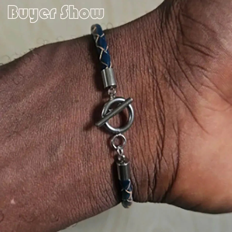 2024 neues echtes Lederarmband für Männer Edelstahl OT Schnalle Armreif 4mm dünn geflochten Pulsera De Cuero Geschenke für ihn Joias