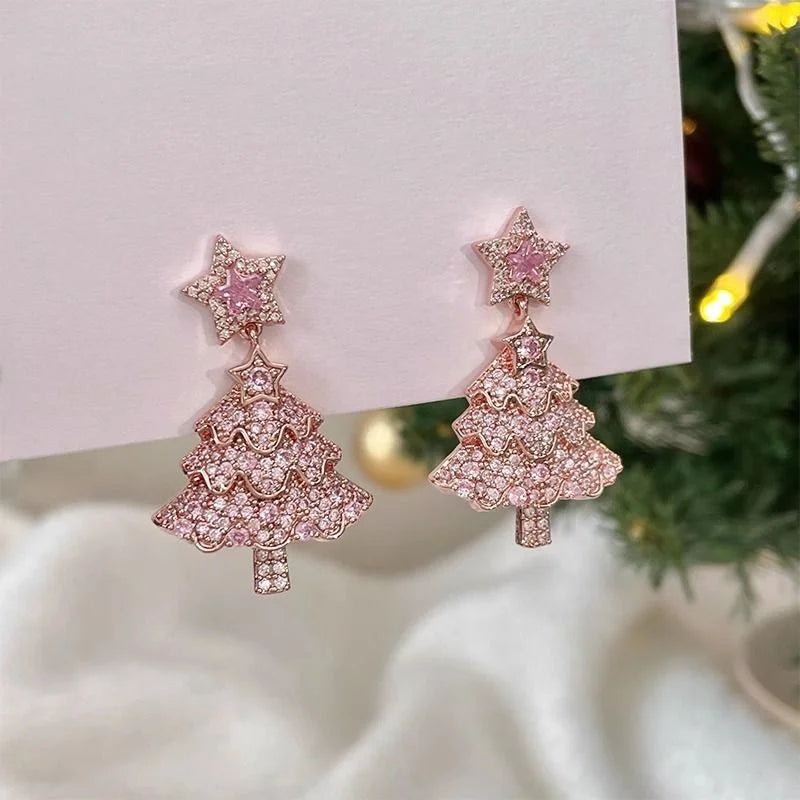 Pink Sparkling Zircon Christmas Tree Earrings For Women Full Rhinestone Xmas Tree Dangle Earring Girls Holiday Versatile Jewelry
