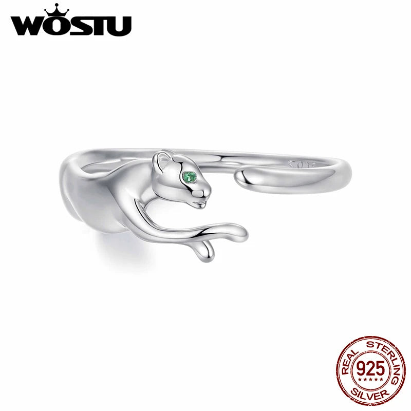 WOSTU S925 Silver Panther Leopard Ring for Women, Elegant Big Cat Animal Adjustable Rings With Green Crystal Eyes Statement Gift