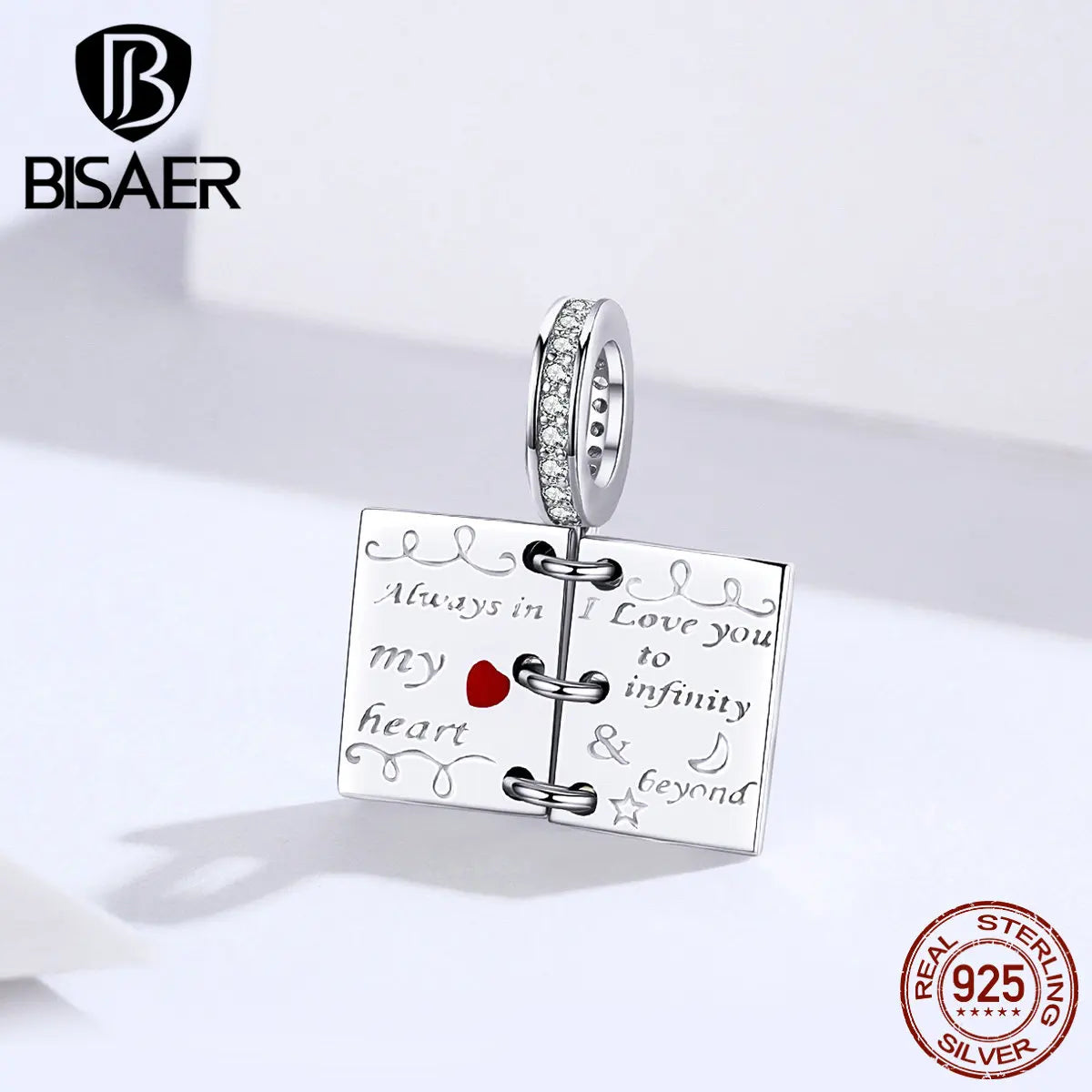 BISAER 925 Sterling Silver Love Letter-Silver Pendant Chocolate Red Heart- A Charm Women DIY Bracelet Fine Jewelry Accessories