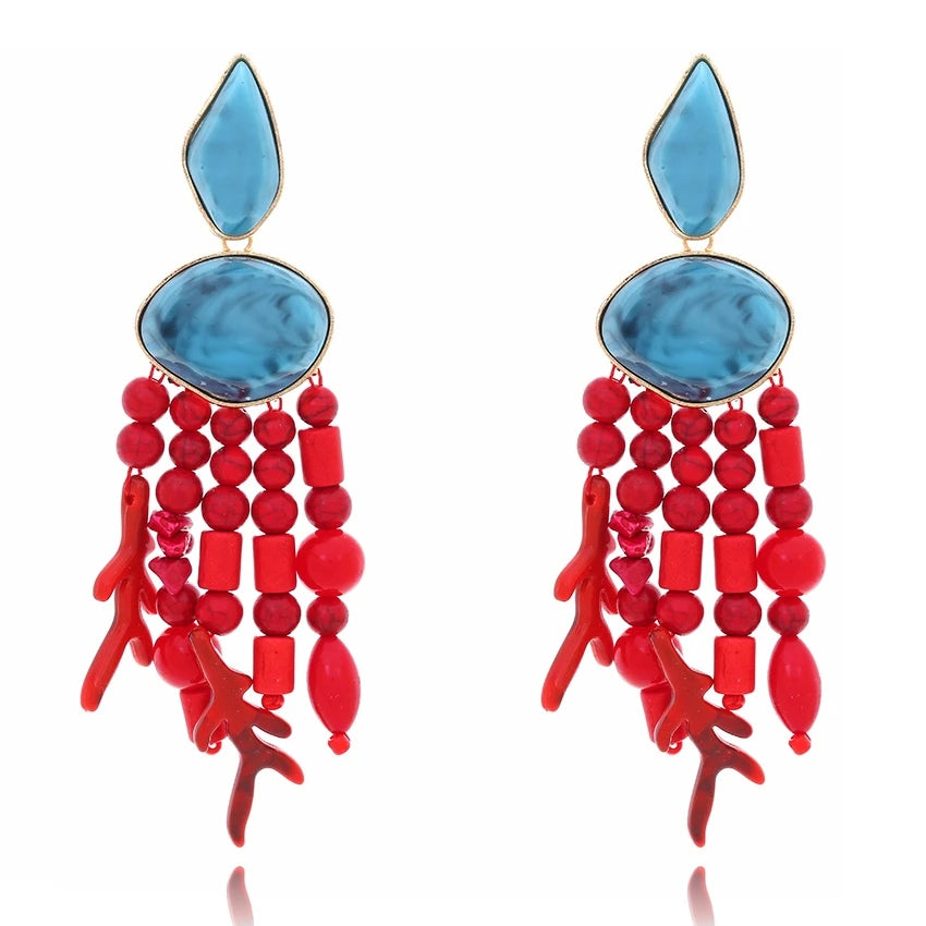 ZAA Retro Ethnic Style Handmade Beaded Coral Tassel Earnings