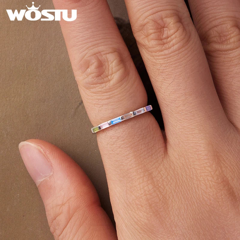 WOSTU 925 Sterling Silver Rainbow Single Ring White Gold CZ Colorful Lively Original for Women Girl Birthday Fine Jewelry Gift