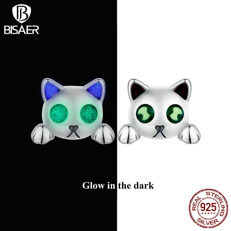 BISAER Boucles d'oreilles à tige en argent sterling 925 en forme de chat mignon qui brillent dans le noir Boucles d'oreilles lumineuses pour femmes Fête Bijoux fins Cadeau ECE1643