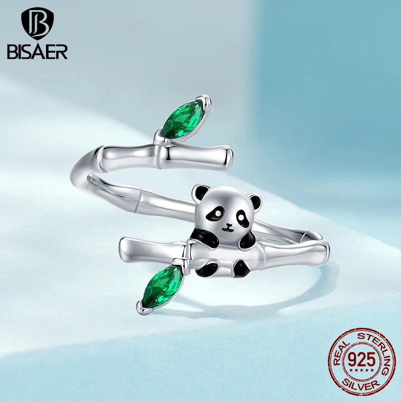 BISAER Bague ouverte en argent sterling 925 en forme de panda mignon en bambou émaillé taille réglable 5-9 bande plaquée or pour femme bijoux fins de fête