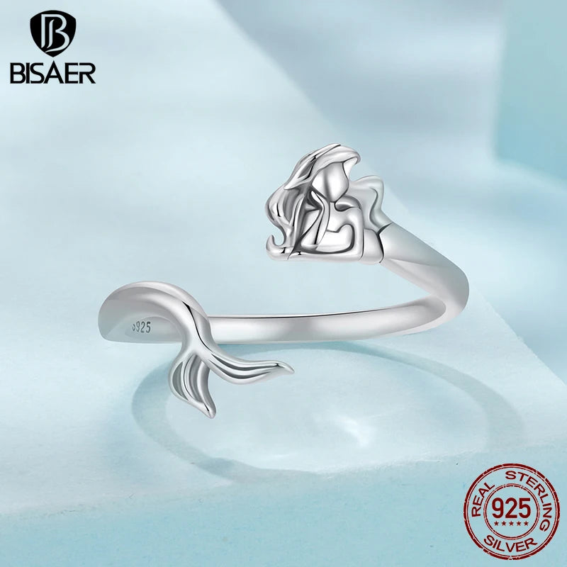 BISAER Bague ouverte rétro en argent sterling 925 100 % 925 avec motif sirène, taille réglable 5 à 9, pour femme, bijoux fins de fête ECR1096-E