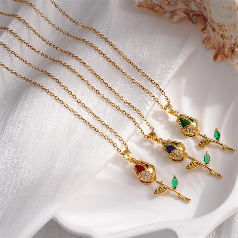 Stainless Steel Colorful Zircon Tulip Pendant Necklace for Women Girls Shiny Crystal Romantic Flower Choker Party Luxury Jewelry