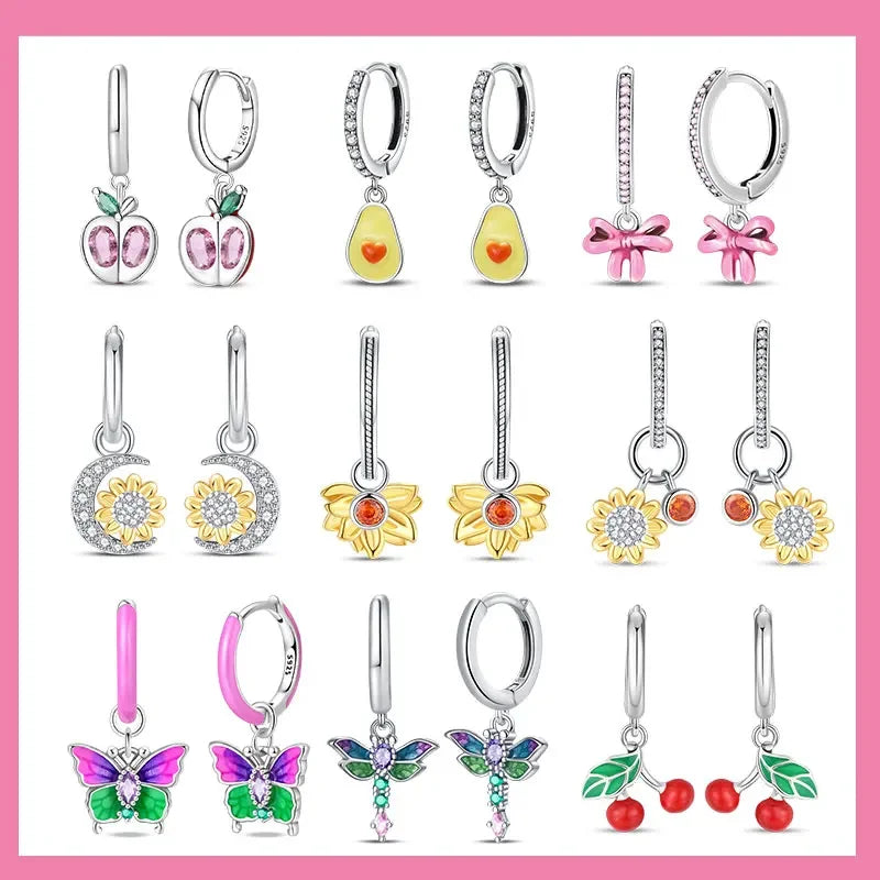 Earrings Woman 925 Silver Cherry Pear Apple Butterfly Sunflower Hoop Earrings for Women Engagement Birthday Fine Jewelry Gift