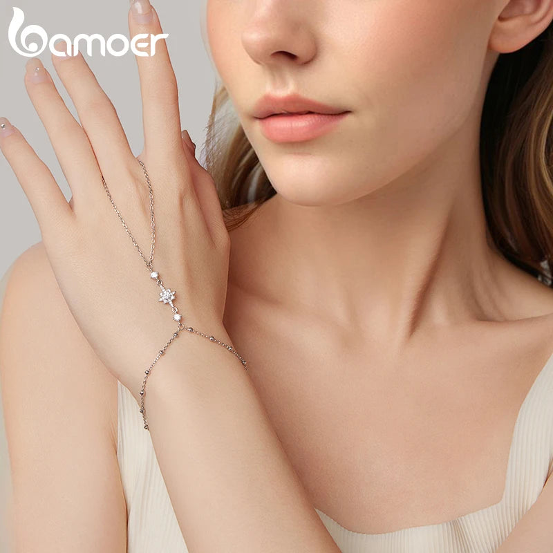 BAMOER 925 Sterling Silber Stern-Handketten-Armband mit Zirkonia-Ring, zartes Armband-Set für Damen, Sommer, verstellbarer Körperschmuck