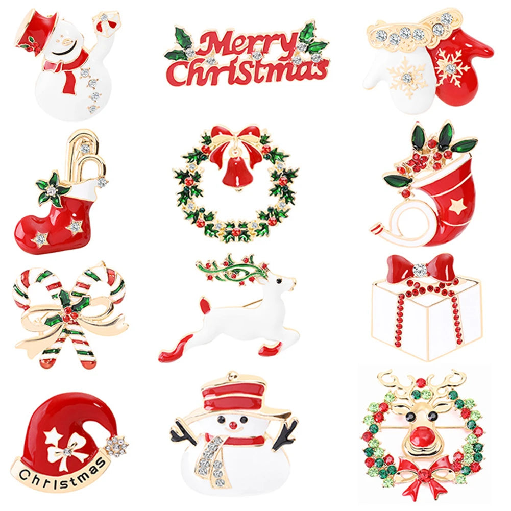 12 PCS Christmas Brooch Pins Cute Christmas Pins Merry Christmas Exquisite Reindeer Snowman Xmas Elements Brooches Pin