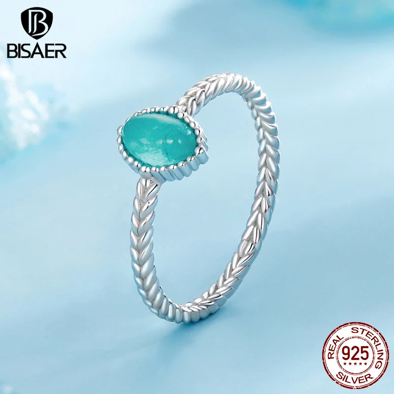 Bague solitaire en argent sterling 925 BISAER avec amazonite et bande ovale plaquée or blanc pour femme élégante, bijoux fins de fête EFR624