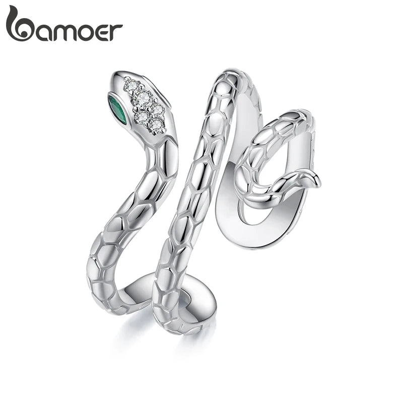 BAMOER White Gold Plated Snake Ring with Emerald CZ Eye, Adjustable Statement Ring for Women Unique Snake Design Jewelry YIR245 - Madeinsea©