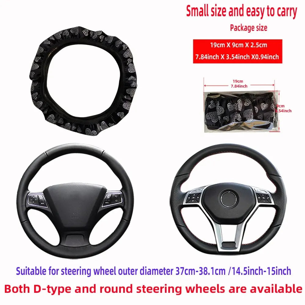 Velvet Studded Faux Diamond Heart Flash Car Accessories without Inner Ring Steering Wheel Cover for 14-15 Inch Women - Madeinsea©
