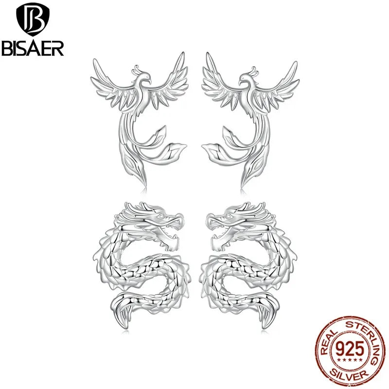 Boucles d'oreilles à tige en argent sterling 925 BISAER en forme de dragon volant hypoallergénique plaqué or blanc pour femme