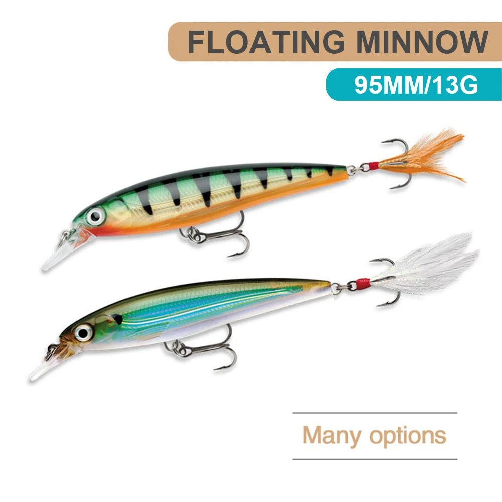 9.5cm 13g Fishing Lure Minnow Wobbler Floating Laser Artificial Hard Bait Feather Built-in Steel Ball Jerkbait Trout Bass Decoy