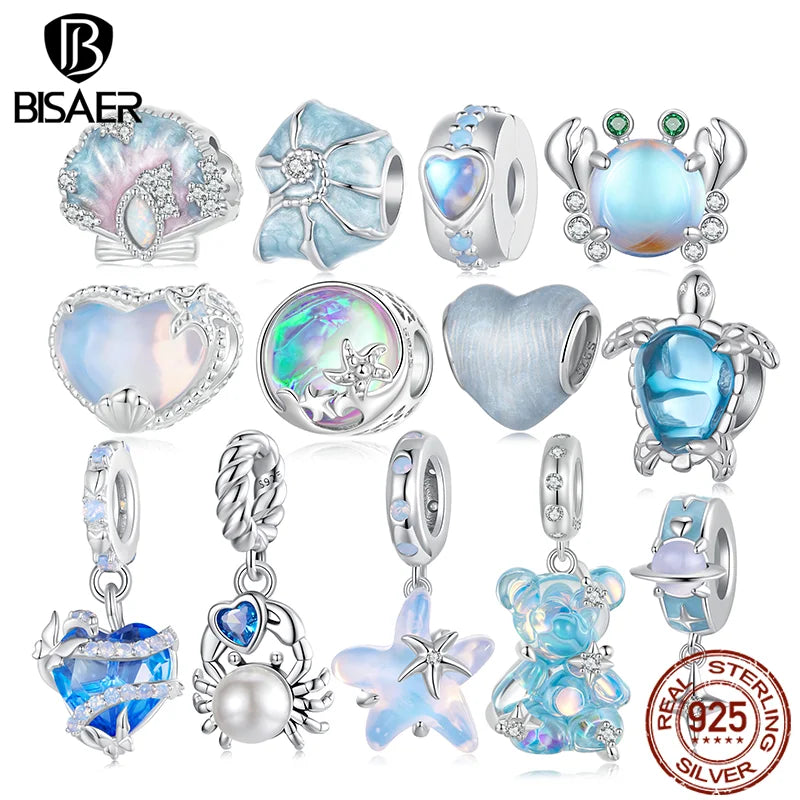 BISAER 925 Sterling Silver Blue Ocean Charm Bead Shell Starfish Turtle Pendant Fit Women DIY Bracelet Fine Jewelry Vacation Gift
