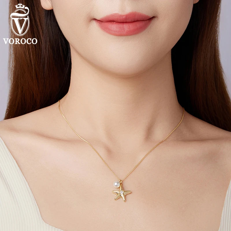 BISAER 925 Sterling Silver Starfish Pearl Pendant Adjustable Chain Plated 14K Gold for Woman Party Summer Beach Fine Jewelry