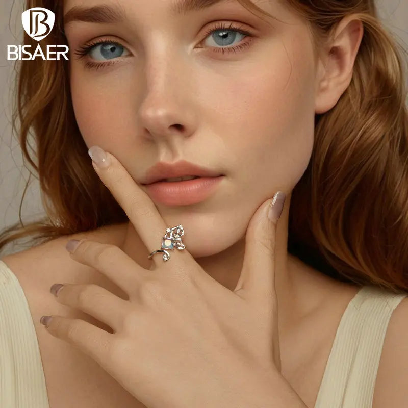 BISAER 925 Sterling Silber Schmetterling Offener Ring Eternity Band Einstellbare Größe 5-9 Vergoldet Weißgold für Frauen Party Edlen Schmuck