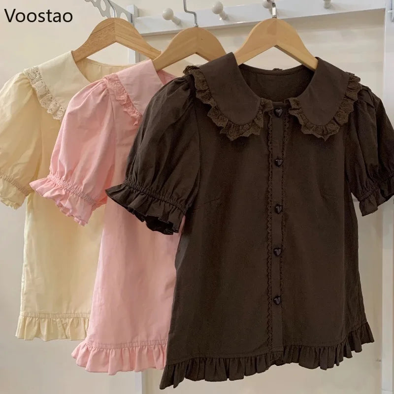 Japanese Kawaii Lolita Shirts Women Sweet Puff Short Sleeve Lace Ruffles Slim Blouses Girls Cute Y2k Clothes Tops Blusas Mujer
