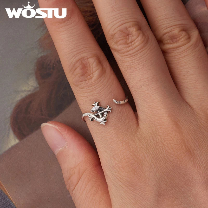 WOSTU Real 925 Sterling Silver Stacking Open Rings Simple Heart Pet Paw Cross Snake Adjustable Rings Party Holiday Jewelry Gift