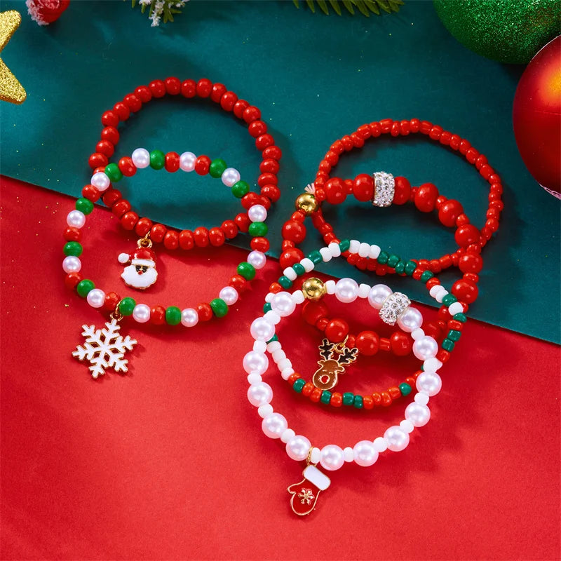 Merry Christmas Tree Santa Claus Snowman Bracelet For Women Xmas Snowflake Crystal Beads Polymer Clay Bangle New Year Jewelry
