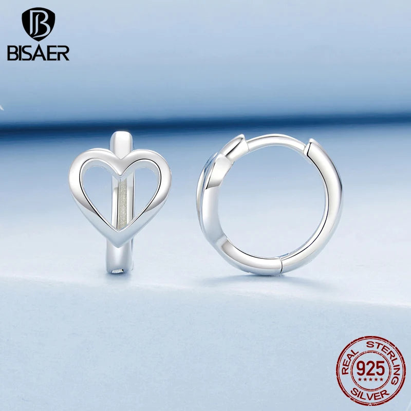 BISAER Creolen aus 925er Sterlingsilber, Herzform, minimalistisch, hypoallergen, Ohrringe, weißgoldplattiert, für Damen, Party, edler Schmuck