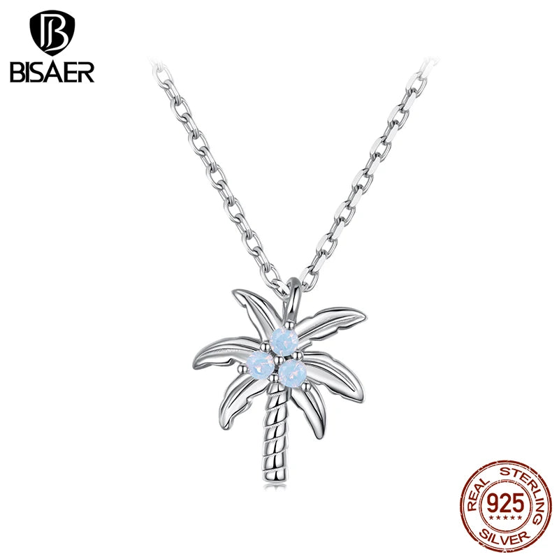 BISAER 925 Sterling Silver Coconut Tree Necklace Opal Adjustable Chain Plated White Gold For Women Wedding Fine Jewelry ECN537