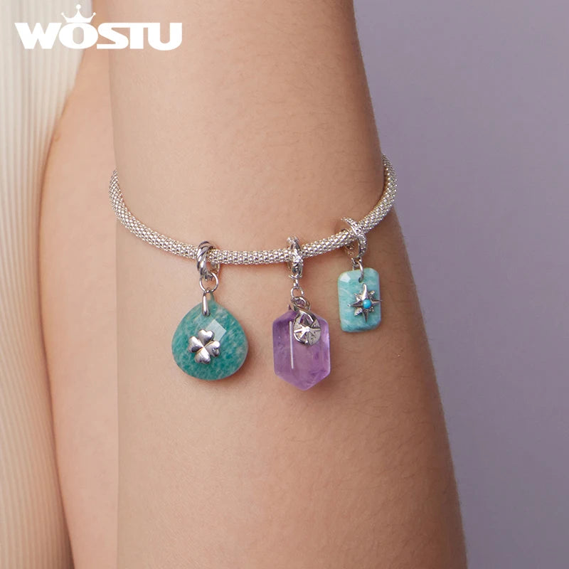 WOSTU 925 Sterling Silver Lucky Amazonite Pendant Starry Amethyst Energy Charm Original for Women Birthday Daily Fine Jewelry