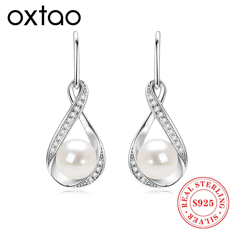 OXTAO D VVS1 Infinity Moissanite Earring Pendant 8mm Natural Freshwater Pearl Bread-shaped Dangle Hook Earrings Female Jewelry