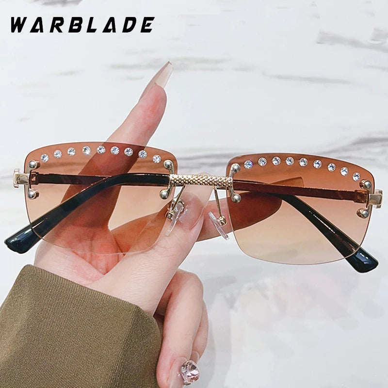 Unisex Rimless Rectangular Sunglasses Diamond Metal Small Square UV400 Gradient Lens Outdoor Punk Eyewear For Men Women UV400