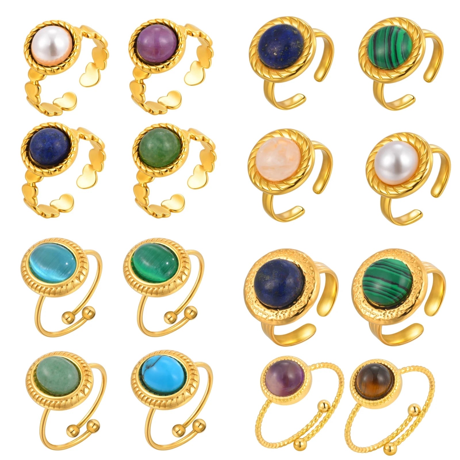 Vnox Vintage Luxury Geometric Open Rings,Natural Stone Stainless Steel Charm Jewelry For Women,Fashion Rings Finger Accessories