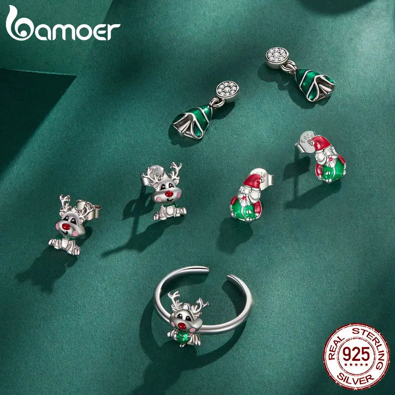 Sterling Silver Classic Reindeer Adjustable Ring Green Zircon Opening Ring for Women Christmas Gift Fine Jewelry - Madeinsea©