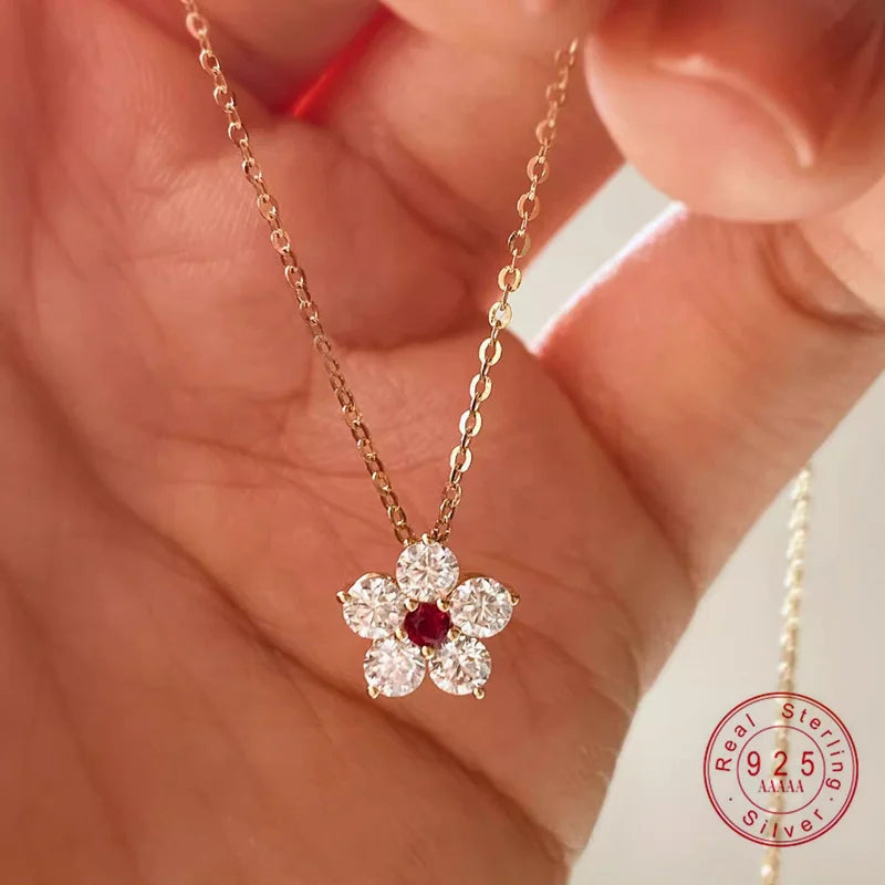 925 Sterling Silver Retro High Quality Flowers Pendant Necklace Red CZ For Women Birthday Gift Fine Jewelry
