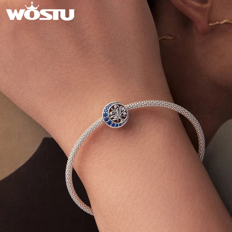 WOSTU 925 Sterling Silver Tree of Life Pendant Charms For Original Bracelet , s925 Blue CZ Moon Tree Beads Family Love Gift