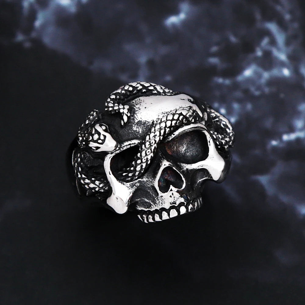 Gothic Vintage Stainless Steel Skull Snake Ring For Men Women Punk Hip Hop Unique Skull Rings Fashion Creative Jewelry Gifts