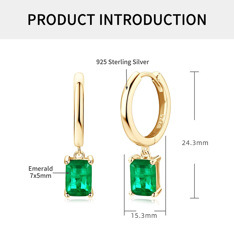 OXTAO 925 Sterling Silver 14K Gold Plated Gemstone Drop Hoop Earring Classic 7x5mm Emerald Earrings for Women Fine Jewelry Gift