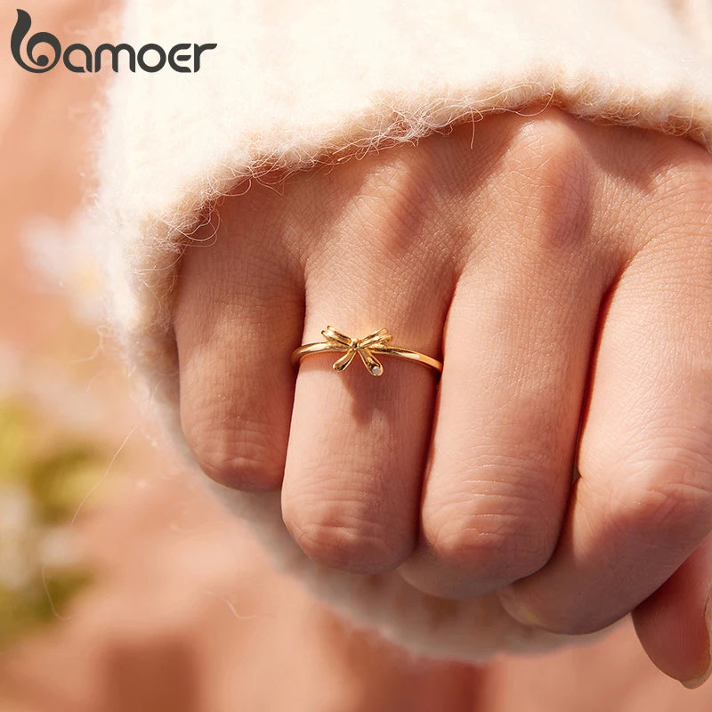 BAMOER 925 Sterling Silver Bowknot Ring for Women Promise Ring High Polish Comfort Fit Band Ring
