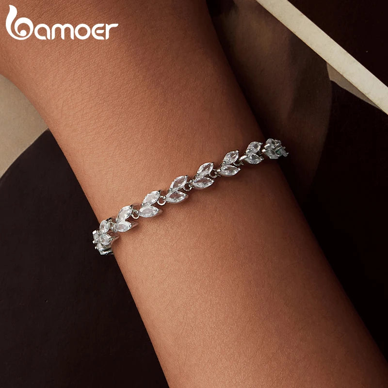 BAMOER White Gold Plated Sparkling Cubic Zirconia Classic Olive Leaf Bracelet, Gold Bracelets for Women Fashion Jewelry YIB069
