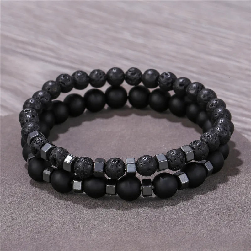 6mm8mm Black Frosted Lava Volcanic Stone Wearing Black Gallstone Bead Elastic Bracelet suit Bracelet for Men