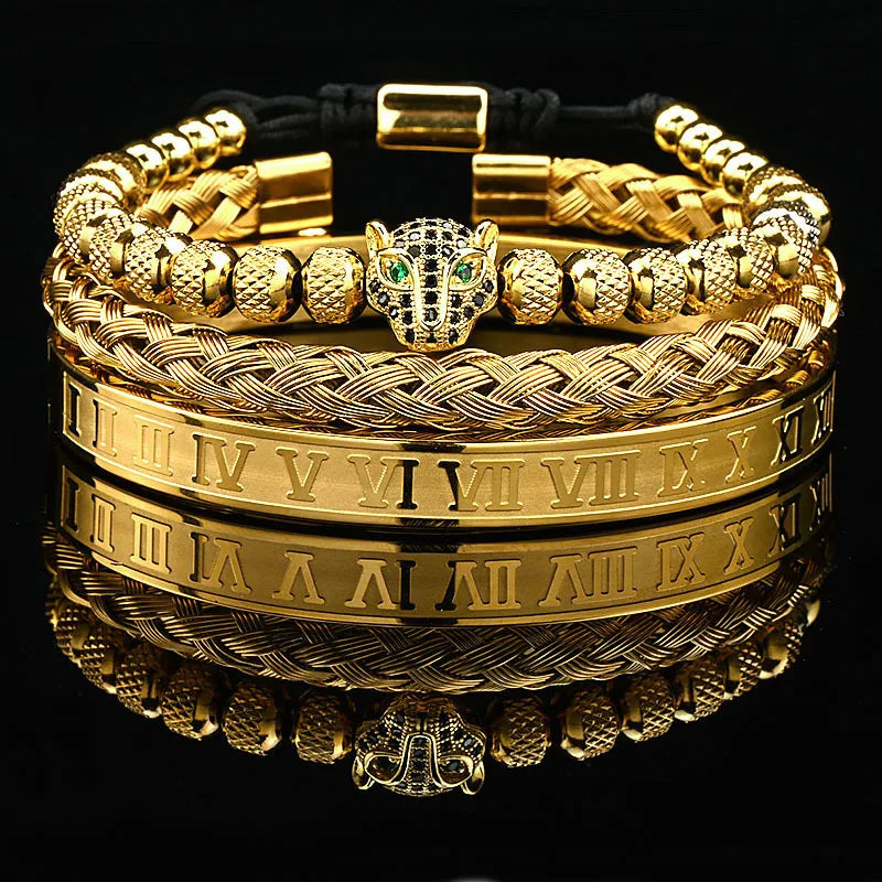 Luxury Black Stone Beads Leopard Head Man Bracelet Enamel Stainless Steel Roman Bangles Women Jewelry Set