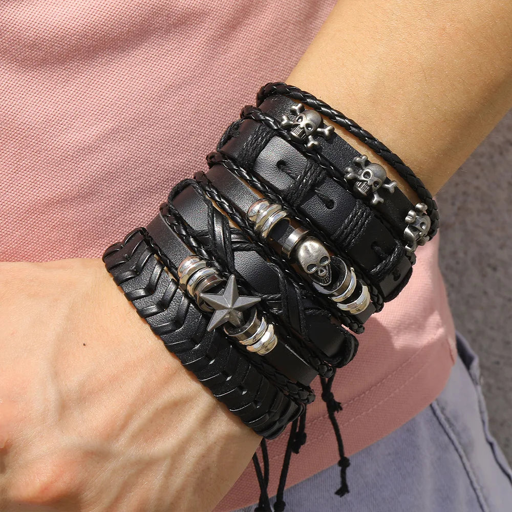 1 Fashion Bracelet Viking Bracelet For Men Hand Bracelets Woven Skull Hand Jewelry Adjustable Leather Set Bracelet For Leather