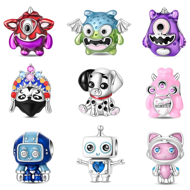 Cute Charms 925 Sterling Silver Original Fit Bracelet Monsters Robot Dog Chinese Panda Beads Charms For Women DIY Party Jewelry