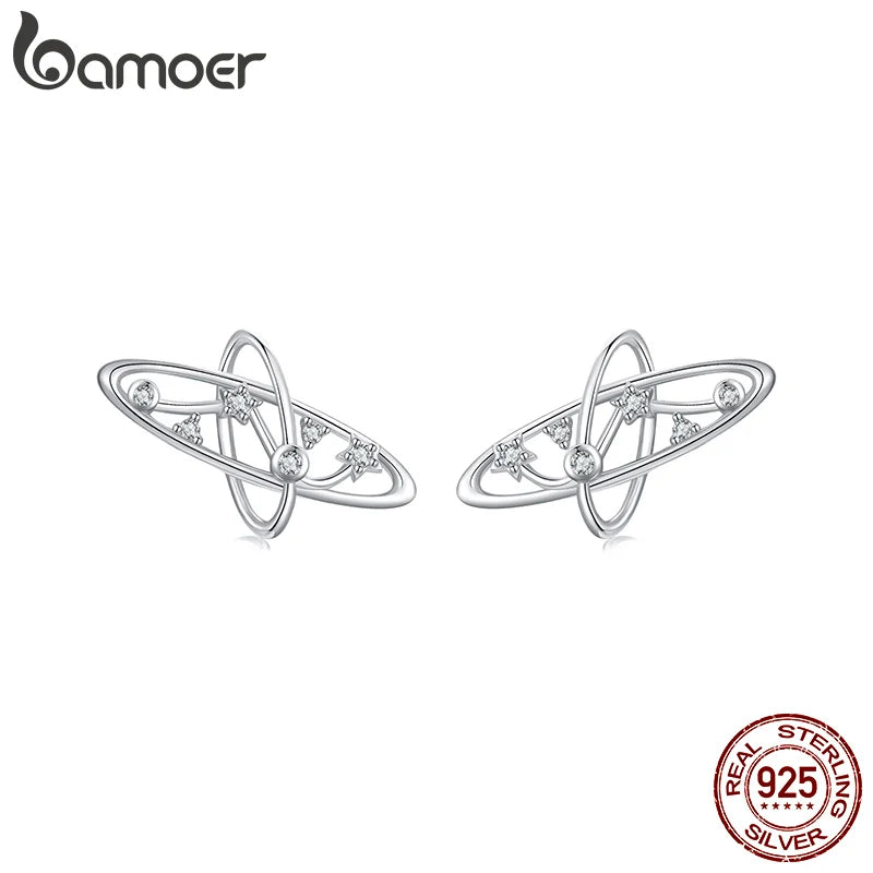 BAMOER Authentische Ohrstecker aus 925er Sterlingsilber mit Milchstraße, weißvergoldet, hypoallergen, planetenförmig, CZ-Ohrstecker, schickes Schmuckstück