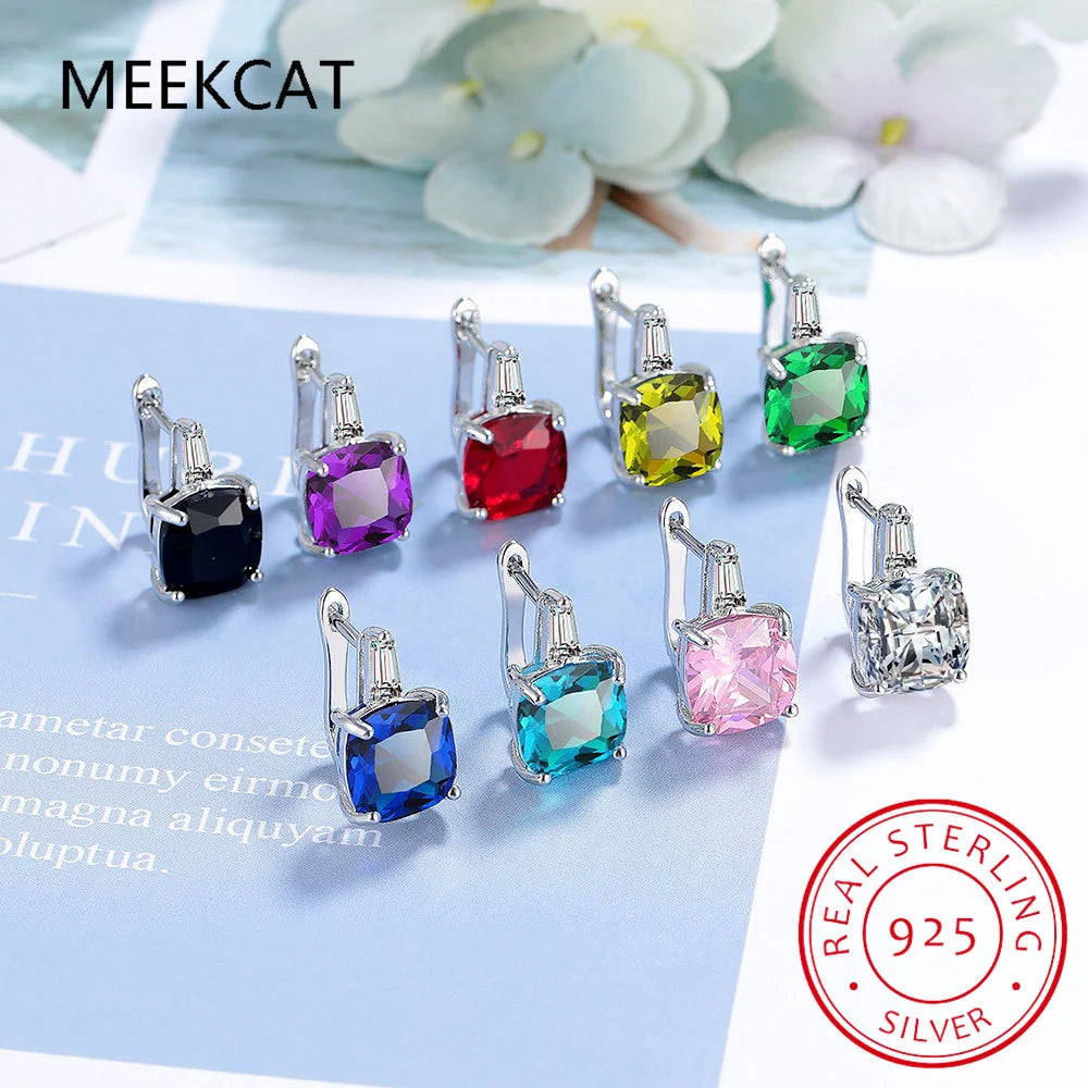 Cushion Cut Genuine Amethyst 925 Sterling Silver Hoop Earrings for Women Fashion Square Gemstone Jewelry Anniversary Gift