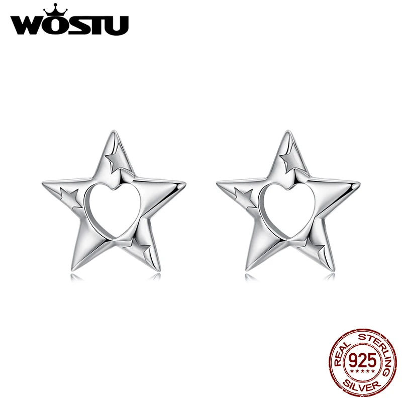 WOSTU 925 Sterling Silver Star Stud Earrings for women Heart Arrow Ear Studs Simple Jewelry Lovely Gift
