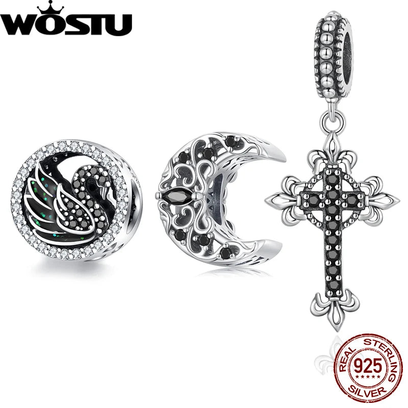 WOSTU 925 Sterling Silver Black Zircon Hollow Cross Charms Pendant Moon Swan Bead Fit Women Bracelet Necklace DIY Jewelry Making