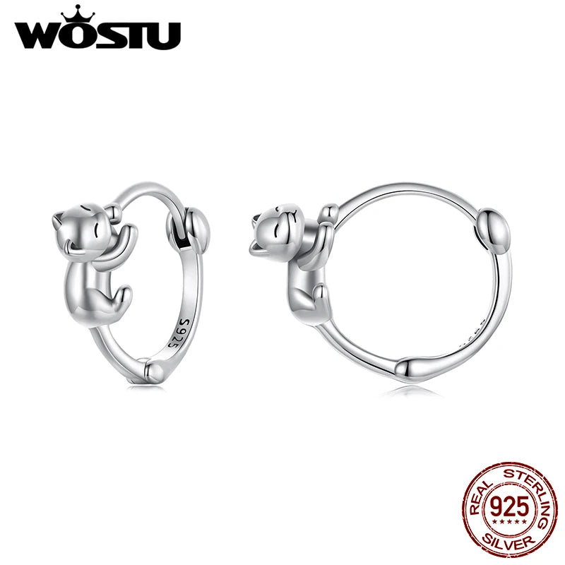 WOSTU Solid 925 Sterling Silver Cat Hoop Earrings For Women Lovely Pet Animal Ear Hoops Birthday Gift For Girl Daughter