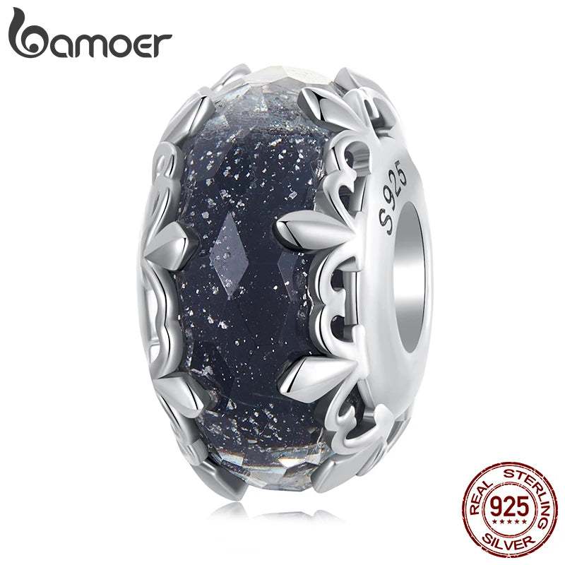 BAMOER Solid 925 Sterling Silver Iris Murano Charm Bead fit Original Bracelet & Necklaces Jewelry DIY bamoer Flower Charm