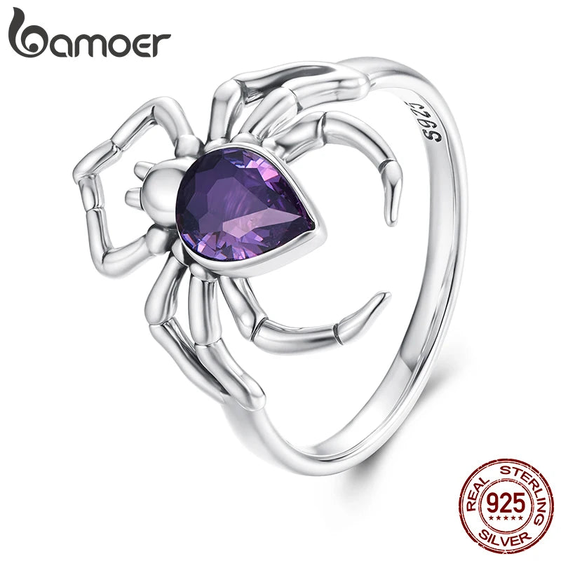 BAMOER 925 Sterling Silver Dark Spider Ring with Purple Heart Zircons Punk Band Ring for Women Teens Lucky Birthday Jewelry Gift