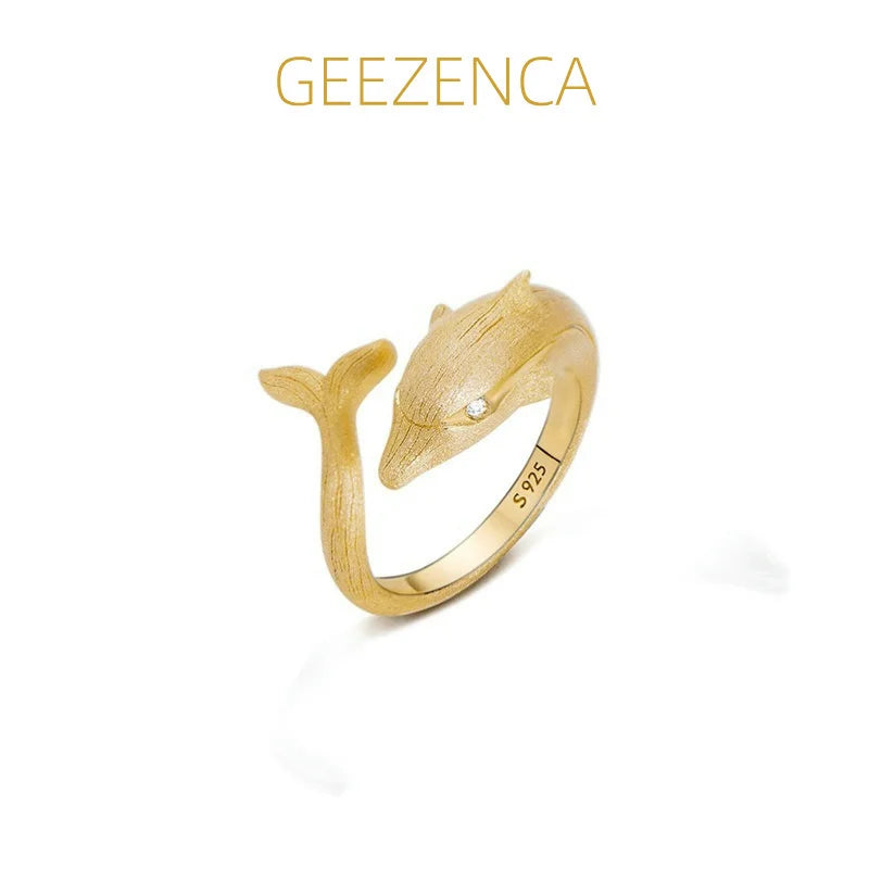 GEEZENCA 925 Silver Moissanite Stone Dolphin Shaped Resizable Rings For Women 18K Gold Italian Craft Chic Luxury Ring 2024 New